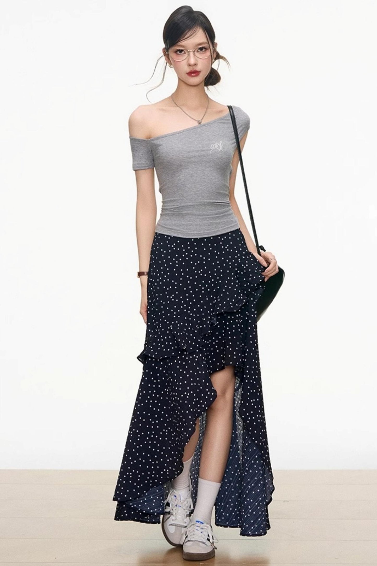 Asymmetrical Grey Top & Polka Dot Maxi Skirt Set-Up