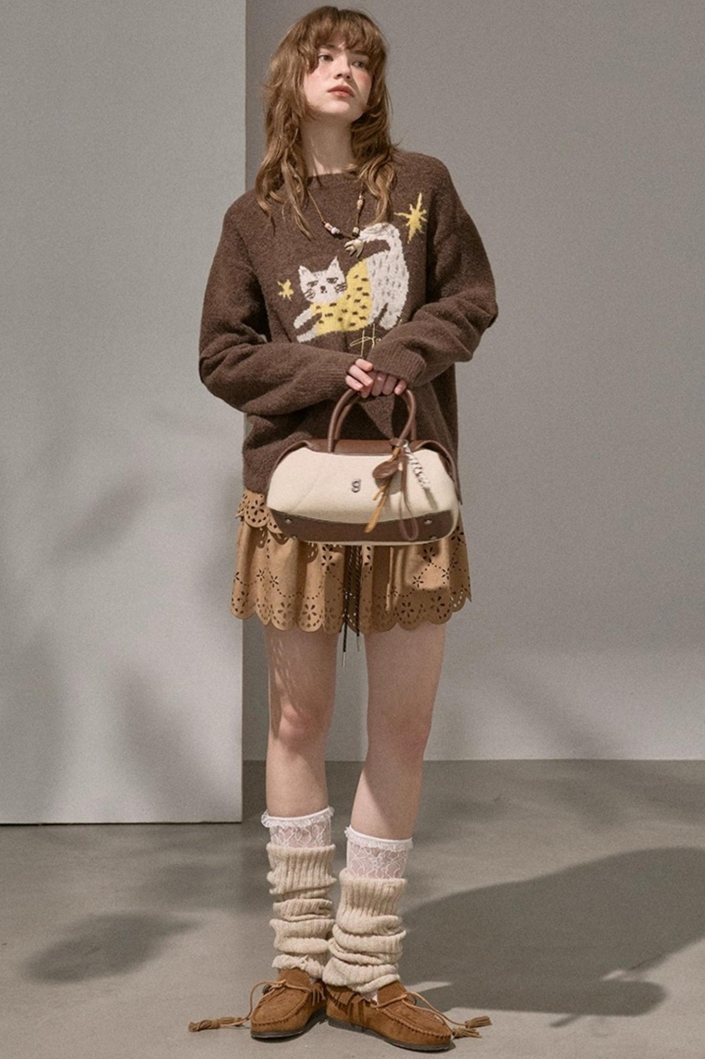 Cute Kitten Crew Neck Knit Sweater