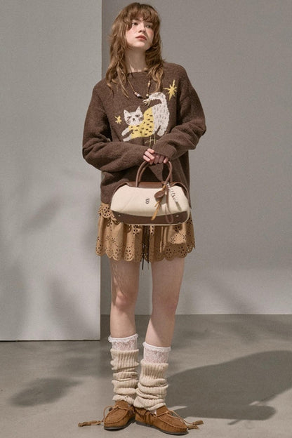 Cute Kitten Crew Neck Knit Sweater