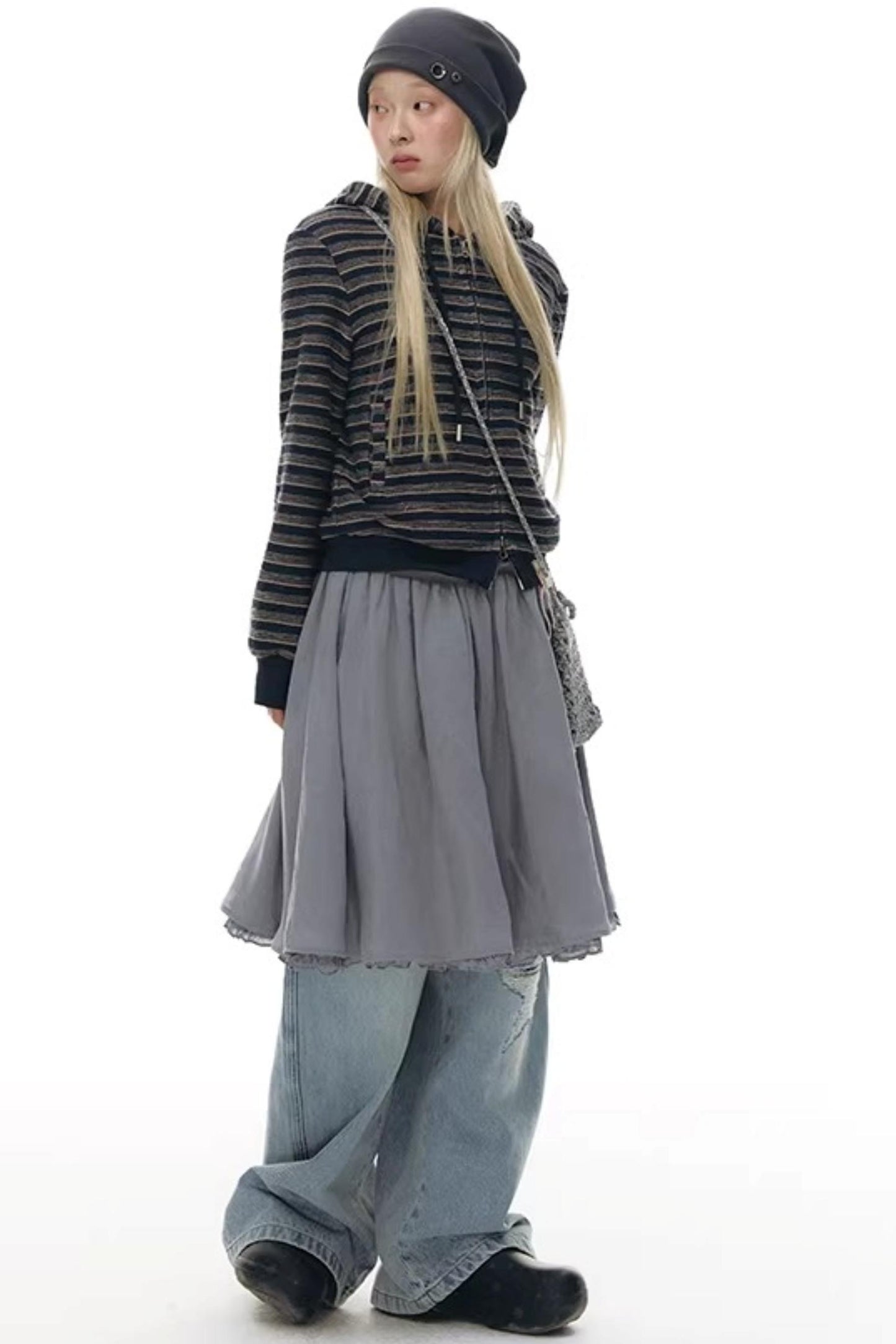 Striped Textured Hooded Sweatshirt