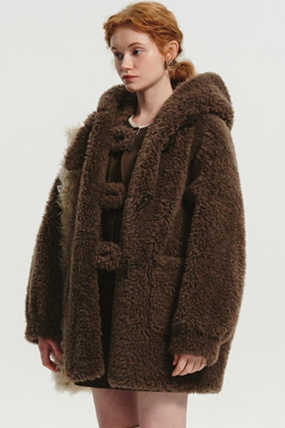 Hooded Horn-Button Full Wool Fur Jacket