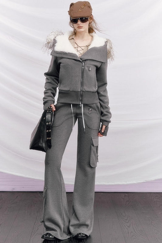 Knitted Hooded Diagonal Jacket Set-Up