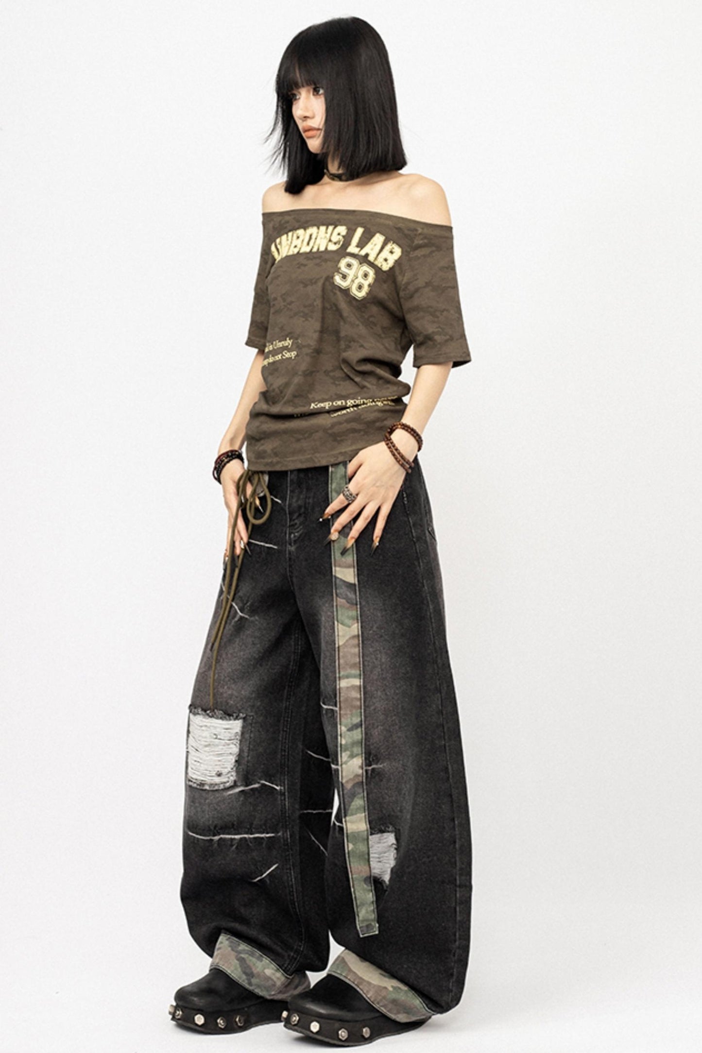 American Vintage Camouflage Ripped Loose Floor-Length Pants