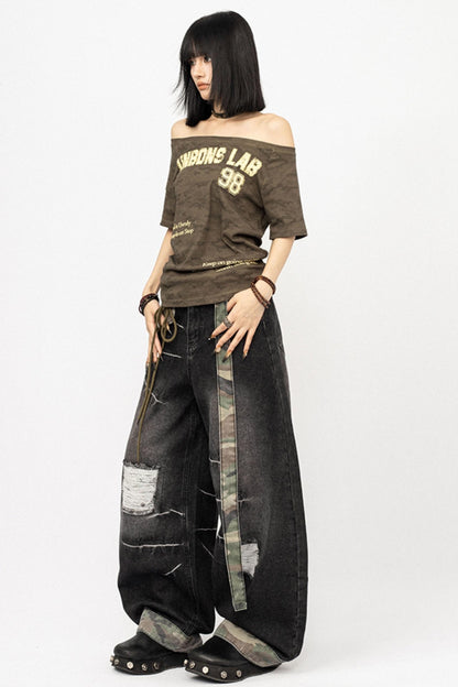 American Vintage Camouflage Ripped Loose Floor-Length Pants