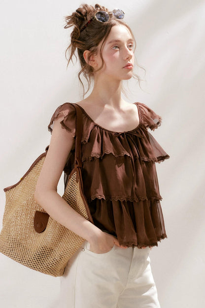 Square-Neck Chiffon Ruffle Blouse
