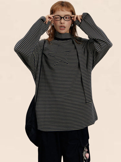 EZEK Star Streamer American Retro Half-Turtleneck Striped Long Sleeve T-Shirt Women's Loose Undershirt Tops Trendy