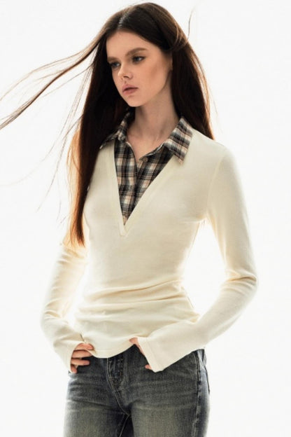 Plaid V-Neck Knit Sweater