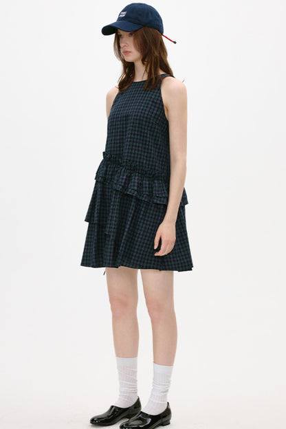Irregular Plaid Ruffled Vest Dress