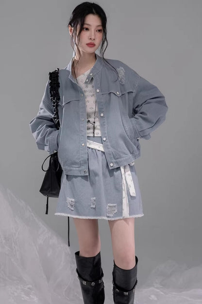 디스트레스드 록 데님 재킷 셋업