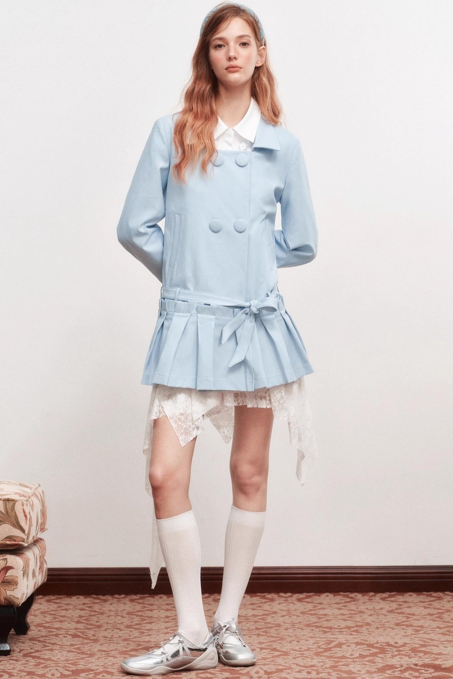 Square Neck Shirred Trench Coat Dress