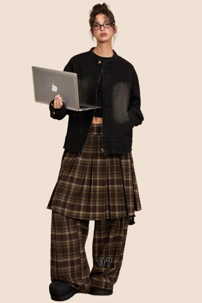 Casual Woolen Plaid Skirt And Pants Set-Up