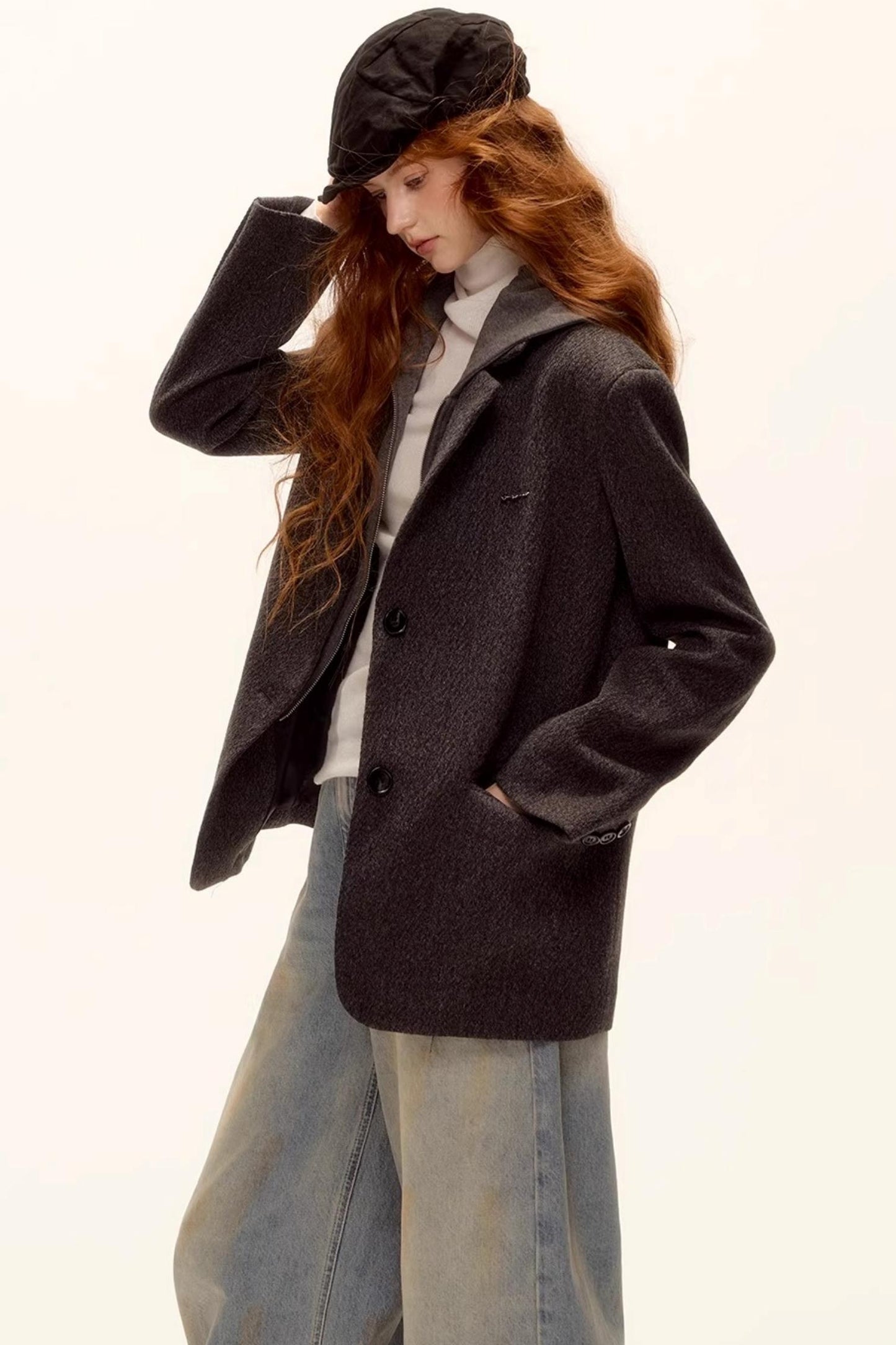 Gray Wool Hooded Blazer Jacket