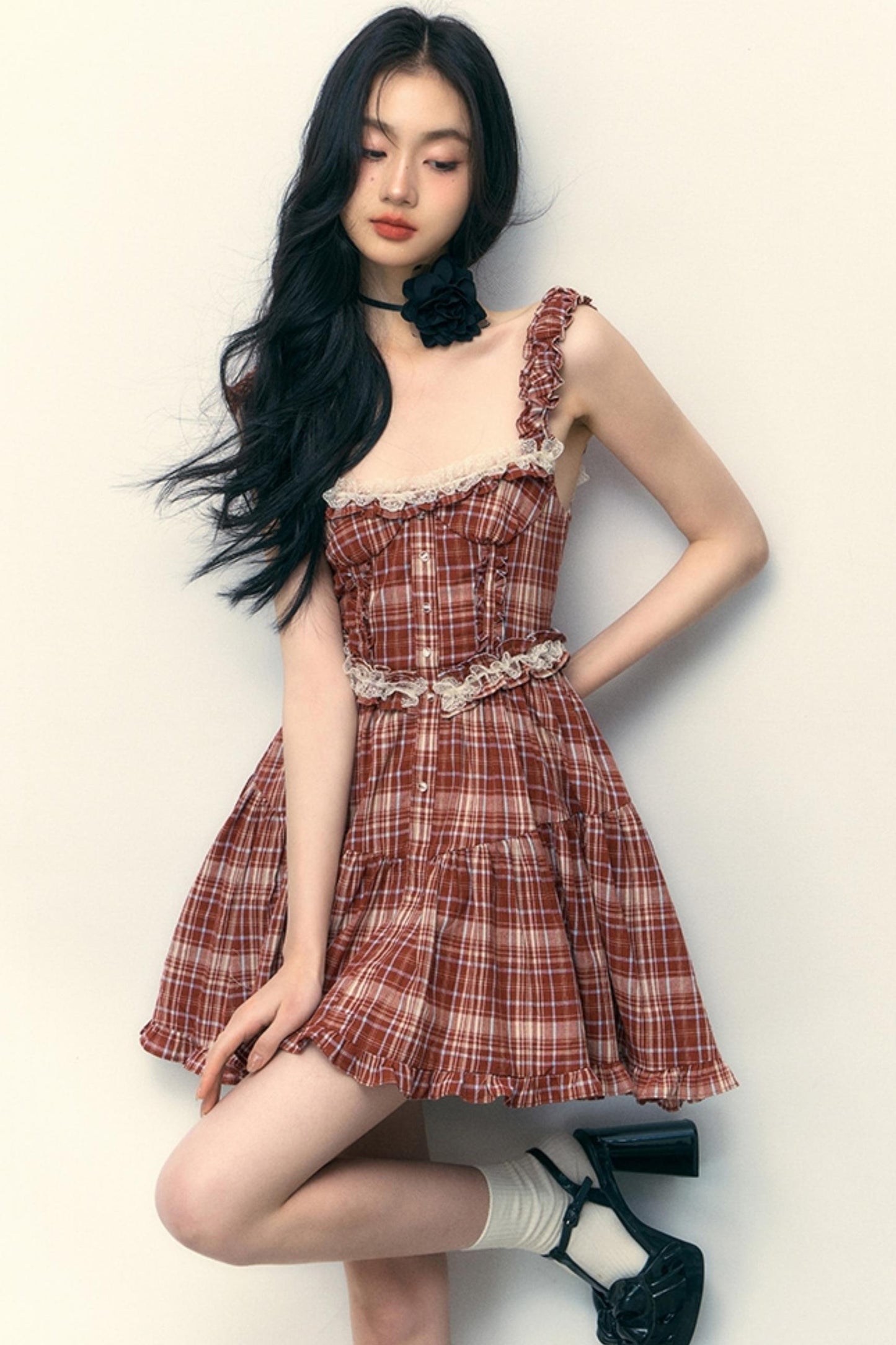 Pink Plaid Ruffle Lace Cami Dress