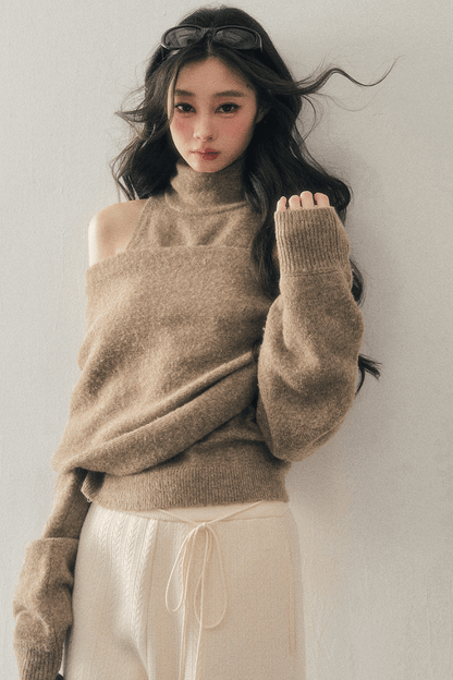 High-Neck Off-Shoulder Knit Sweater Set