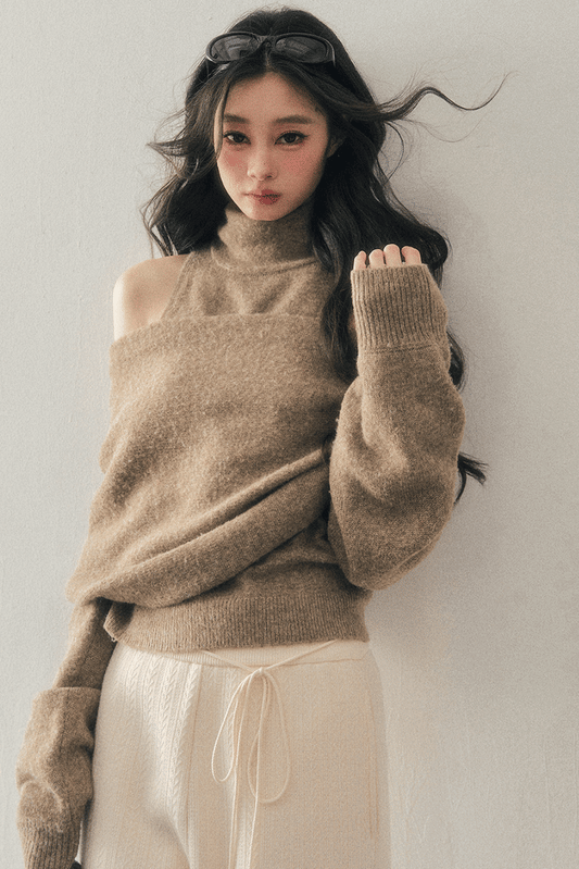 High-Neck Off-Shoulder Knit Sweater Set