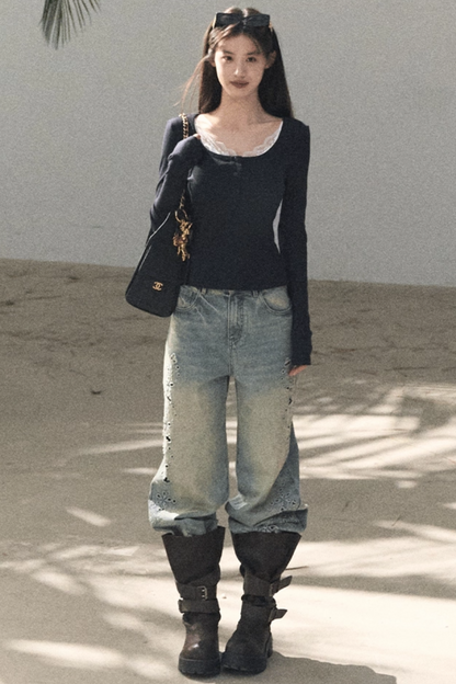 Laser Embroidery Distressed Jeans