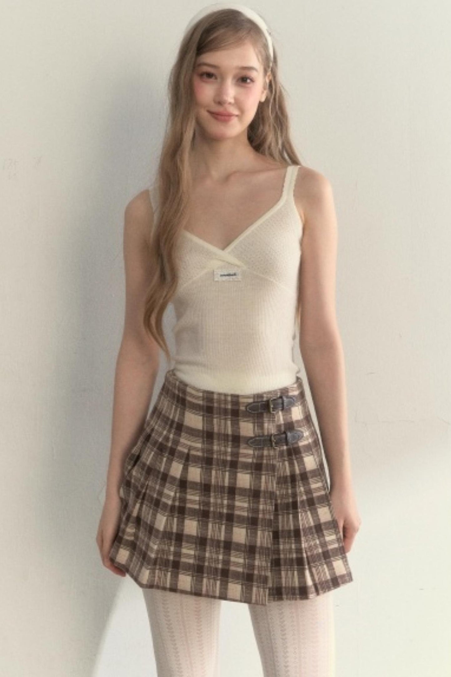 Plaid Leather Buckle Skirt