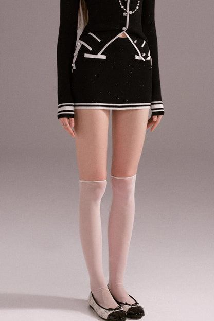 Hot Girl Contrast Knit Cardigan Suit Set-Up