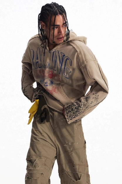 Vintage Racing Print Hooded Sweatshirt