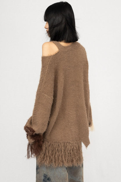 Off-The-Shoulder Fringed Knit Top