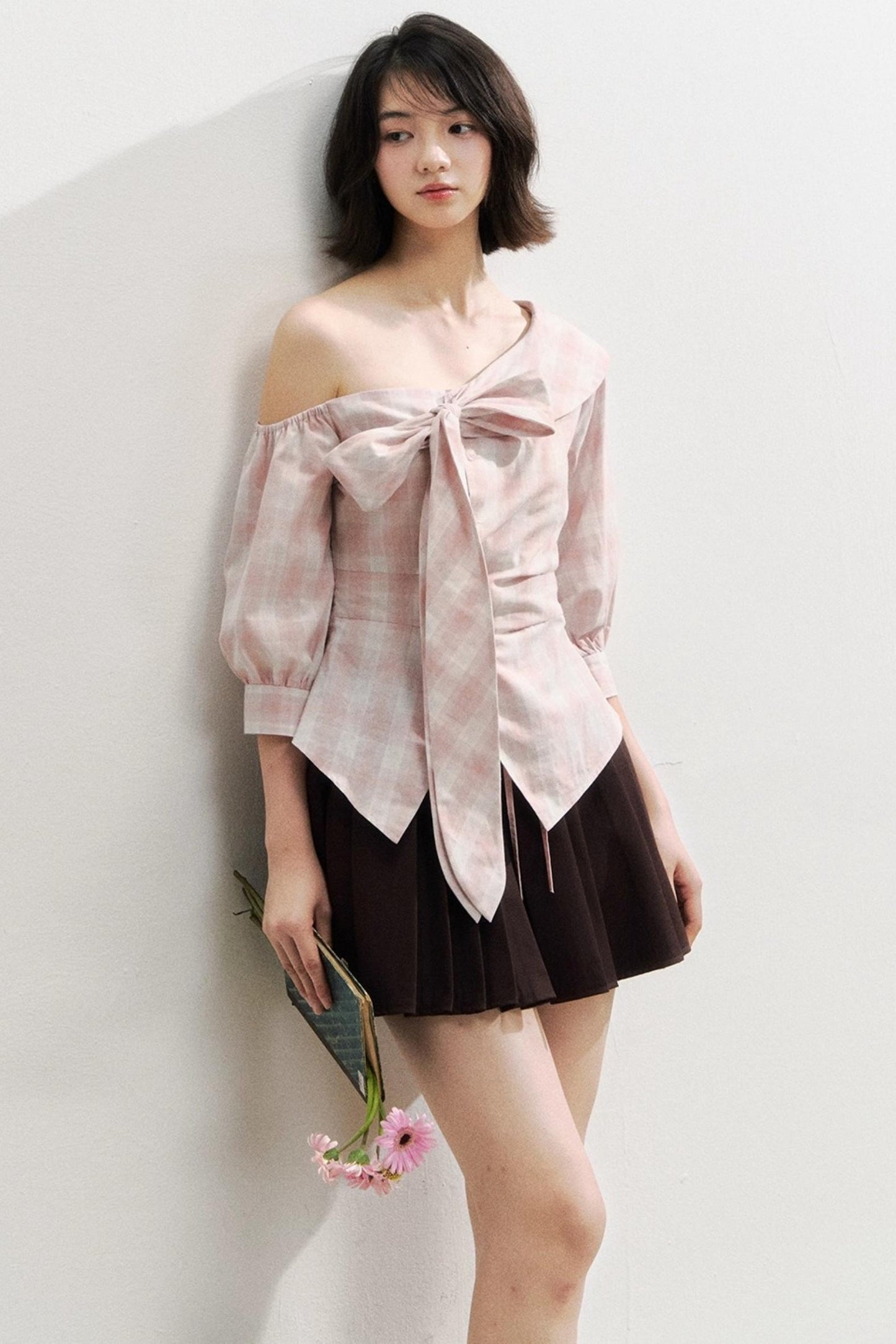 Plaid Bow One-Shoulder Waist Shirt