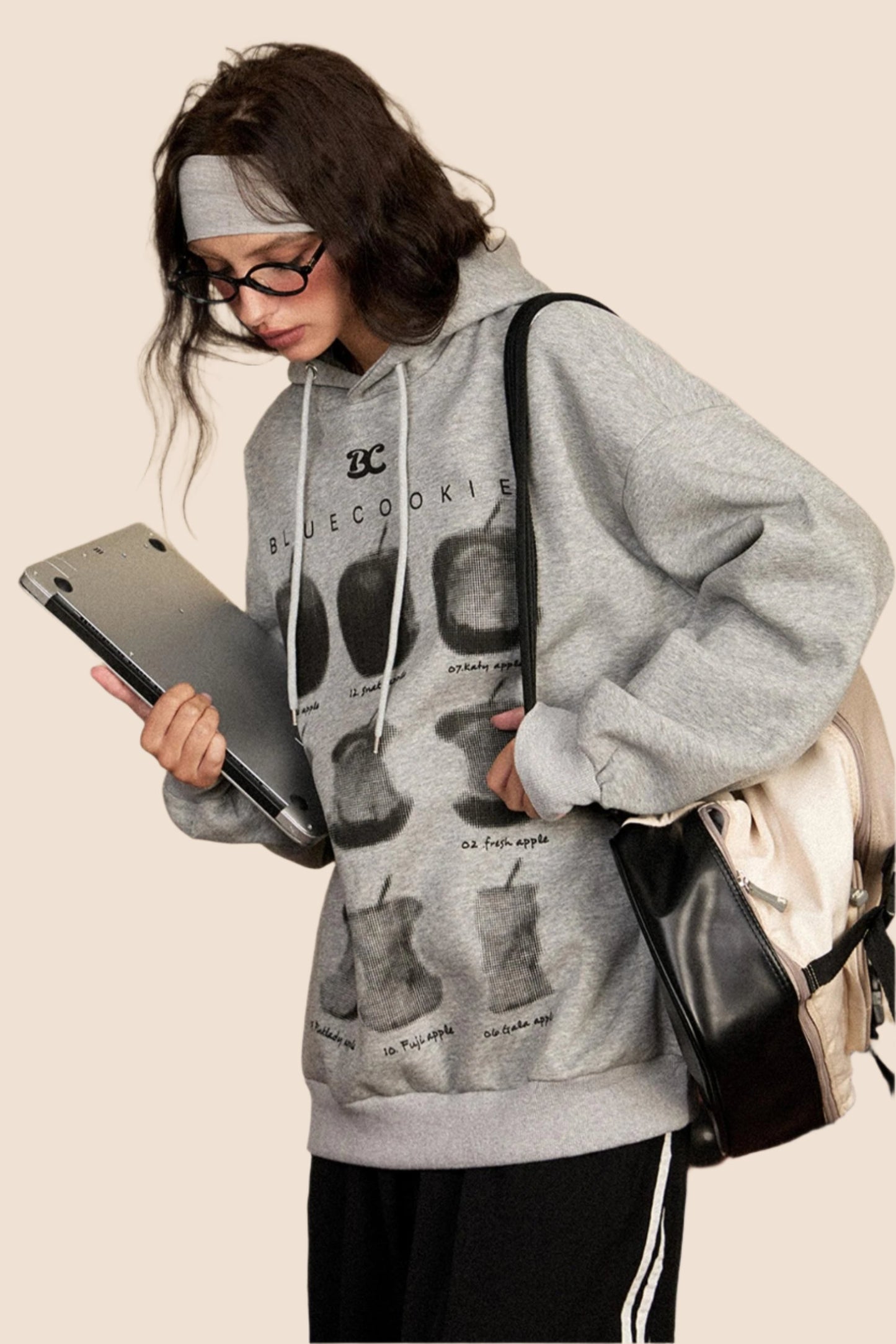 EZEK AMERICAN RETRO ROTTEN APPLE GRAY HOODED SWEATSHIRT WOMEN'S AUTUMN NEW LOOSE SLIM PULLOVER JACKET TIDE