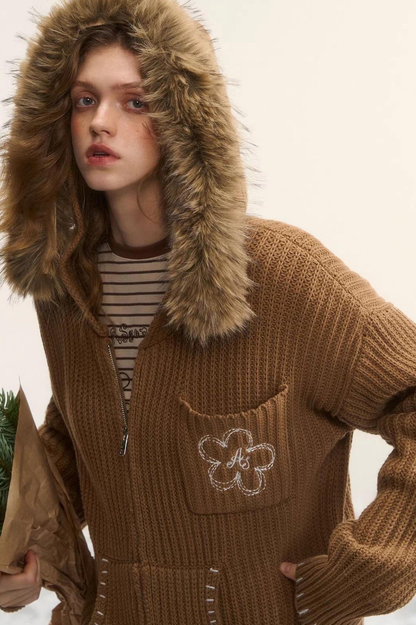 Detachable Fur Hooded Cardigan