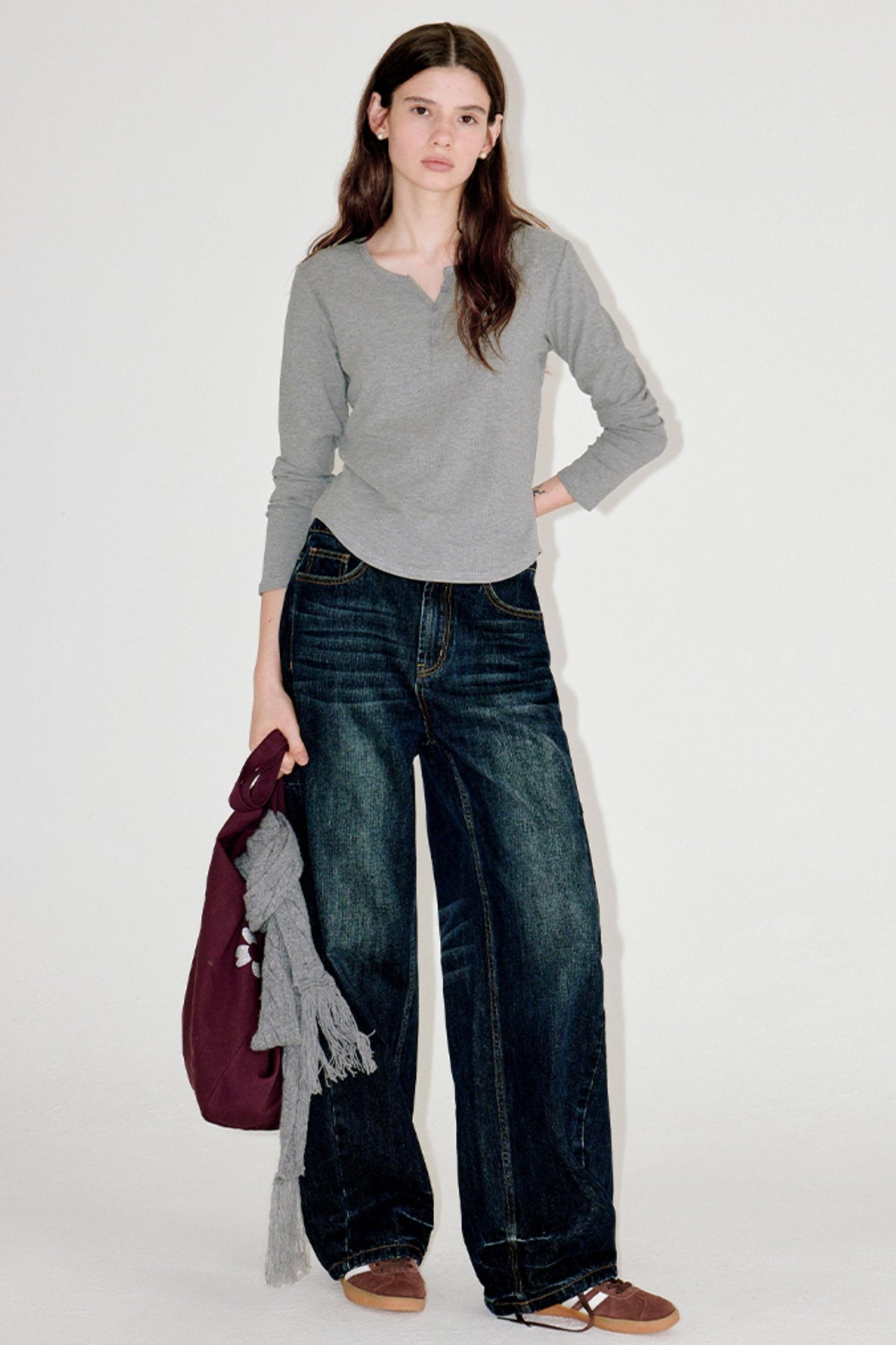 Button-Embellished Crew Neck Top