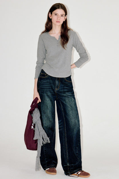 Button-Embellished Crew Neck Top