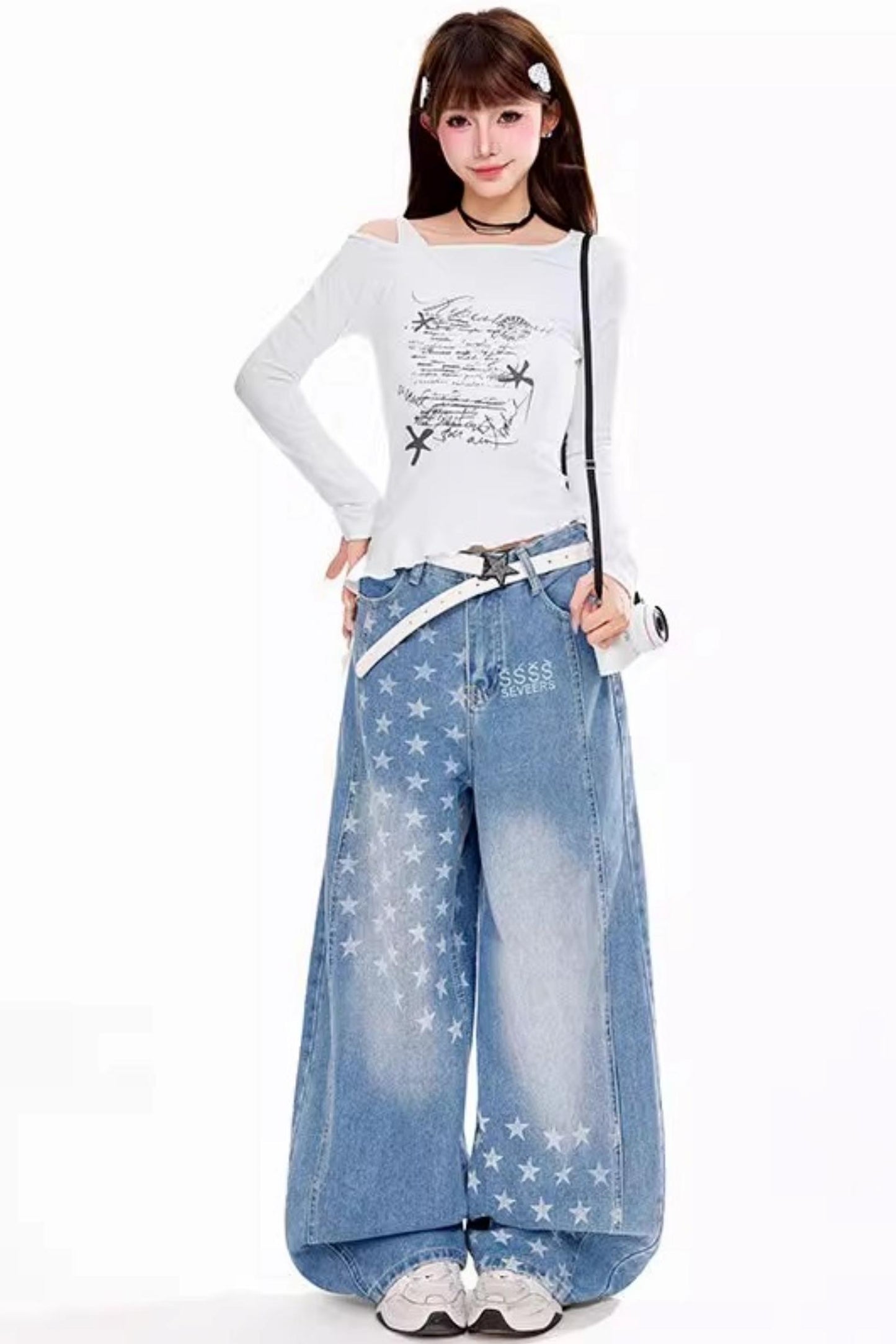 Retro Star Print Deconstructed Jeans