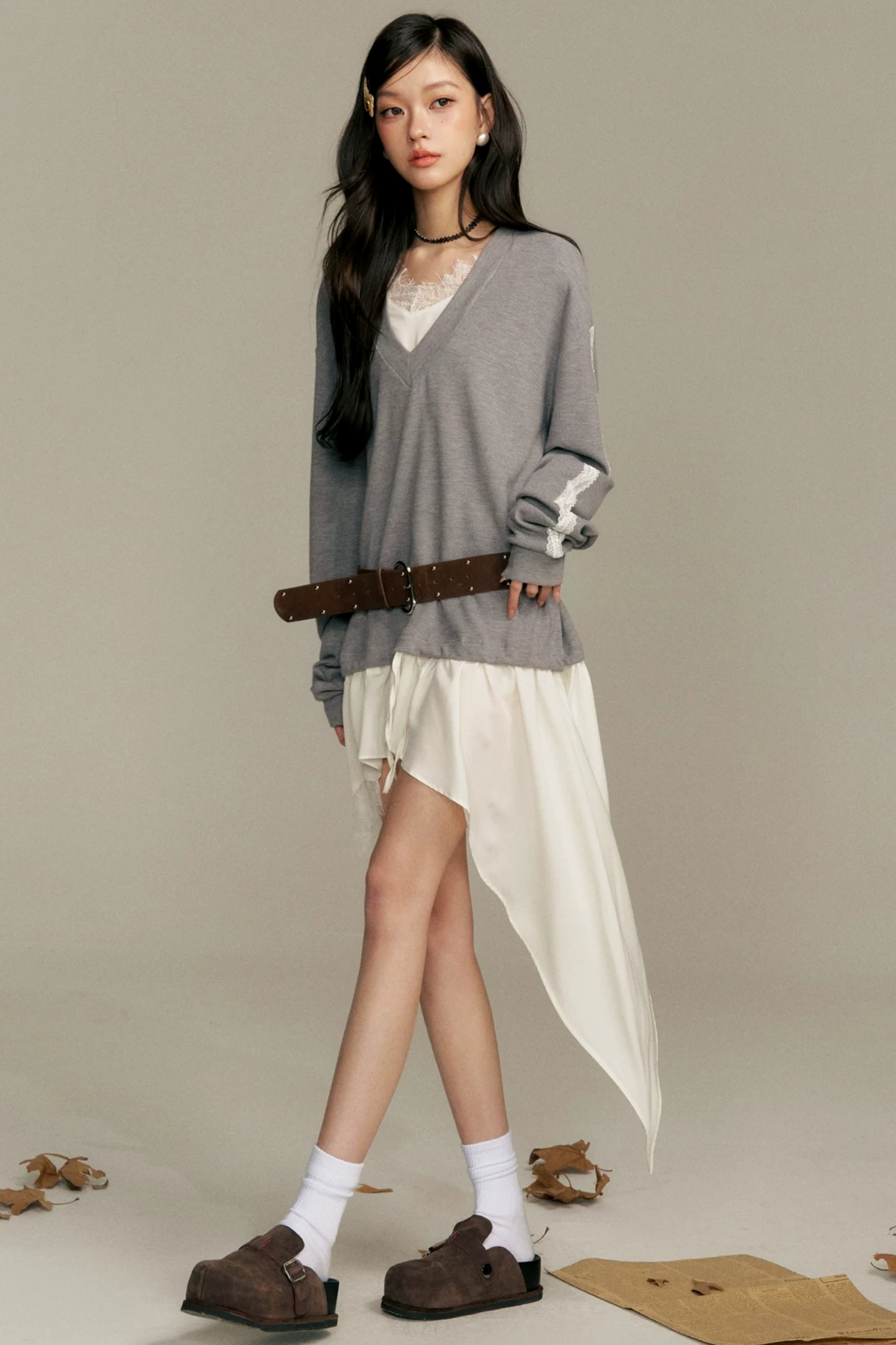 Asymmetric Hem V-Neck Sweatshirt