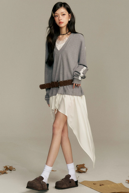 Asymmetric Hem V-Neck Sweatshirt
