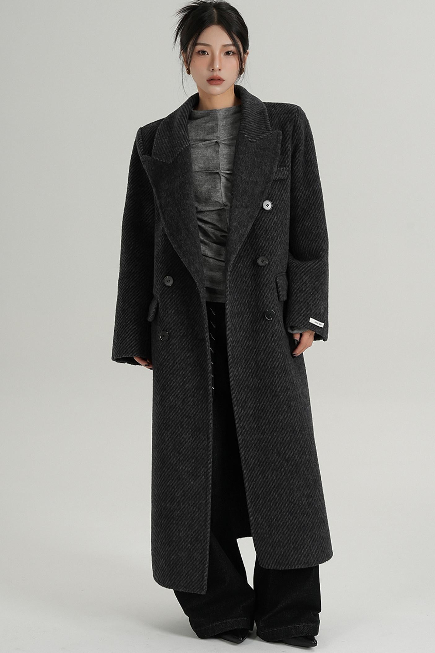 Long Double-Faced Tweed Wool Coat