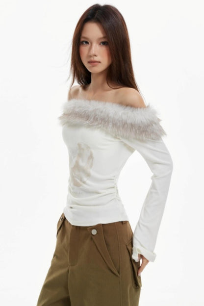 Off-Shoulder Fur Collar Slimming Sleeve Top