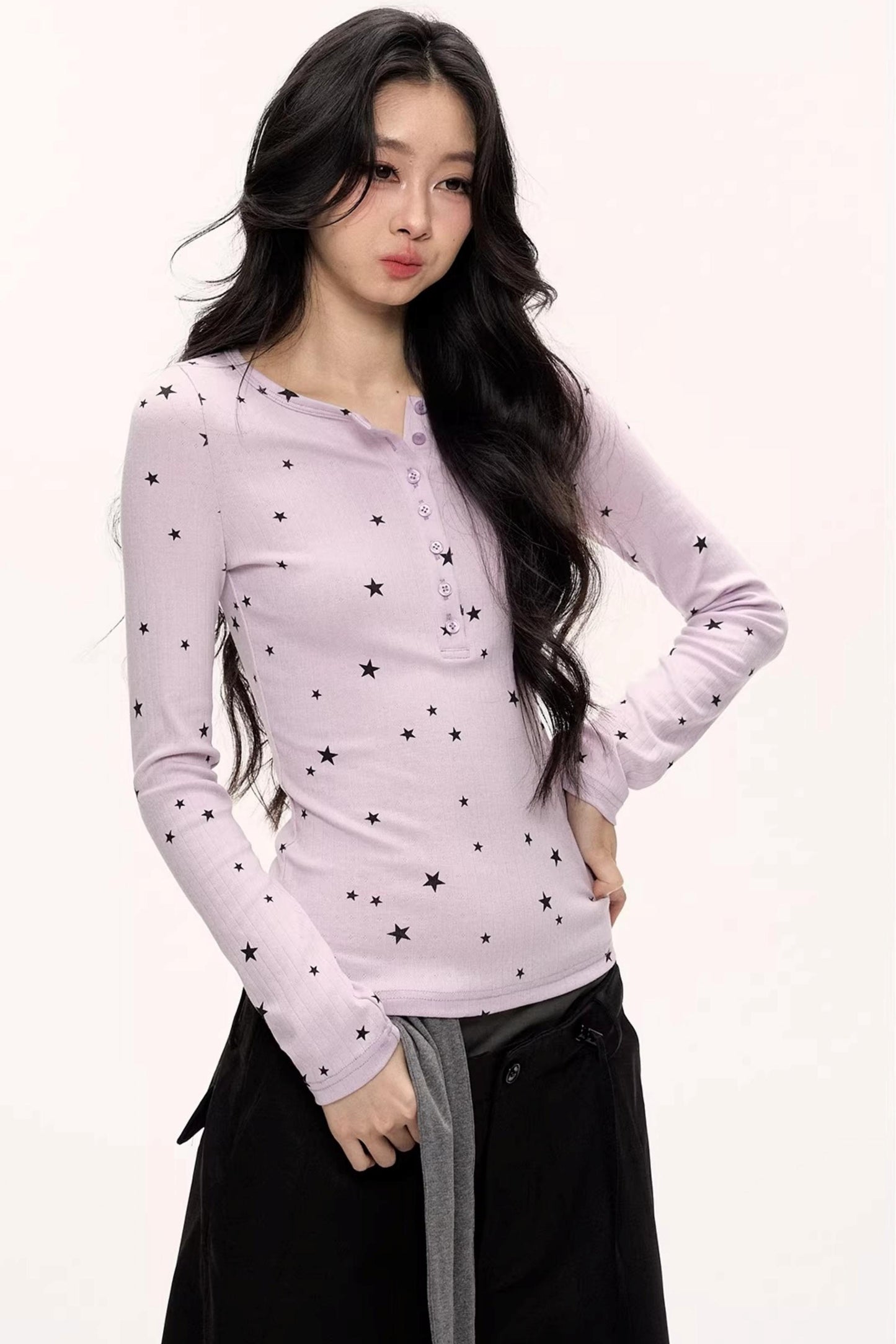 Star Print Knitted Henley Top