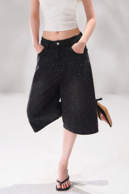 Rhinestone Denim Cropped Pants