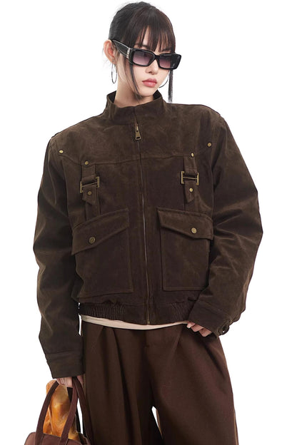 Retro Suede Stand-Up Collar Jacket