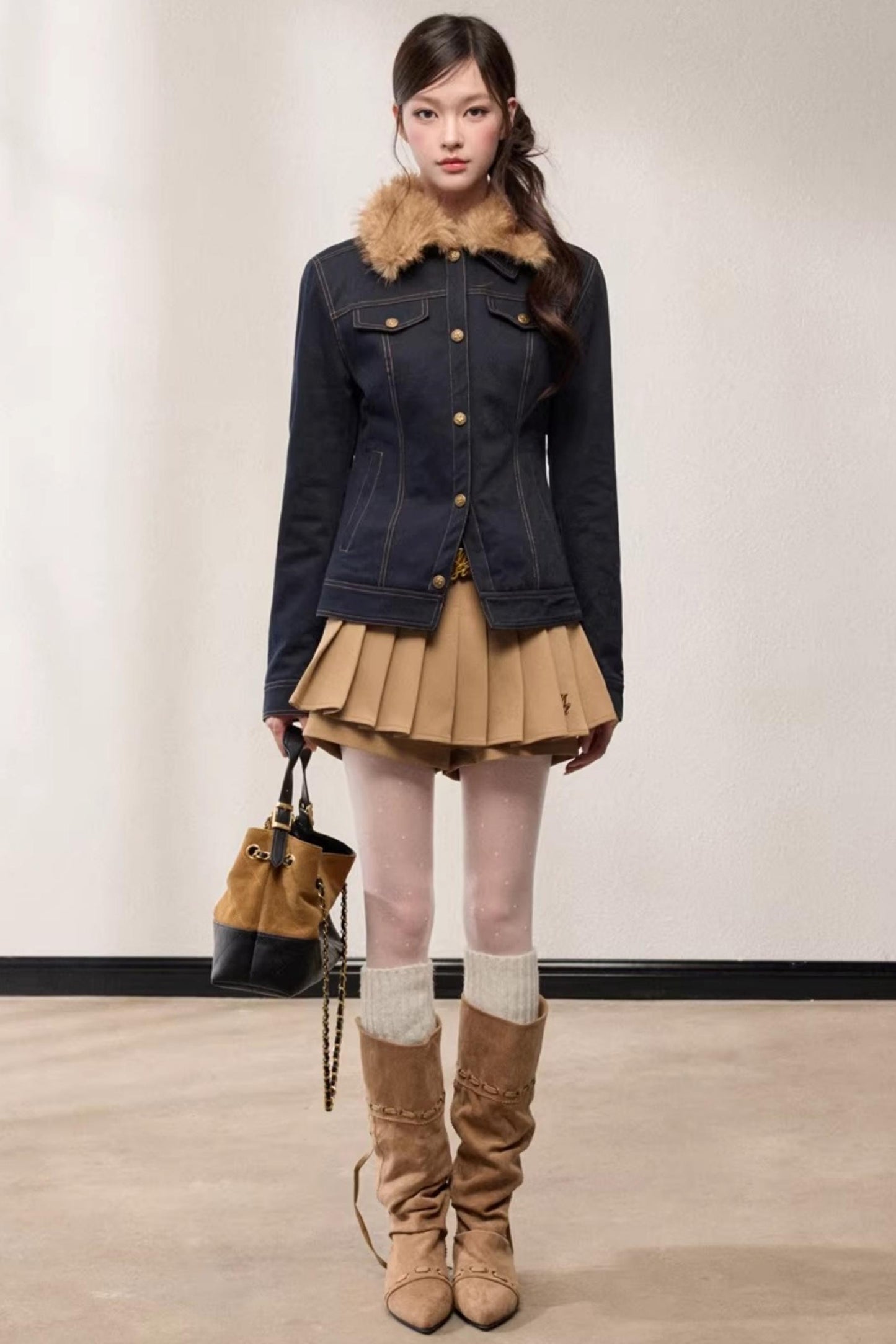 Fur Collar Patchwork Denim Jacket