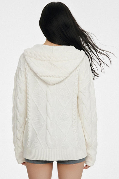 White Twist-Knit Hooded Cardigan