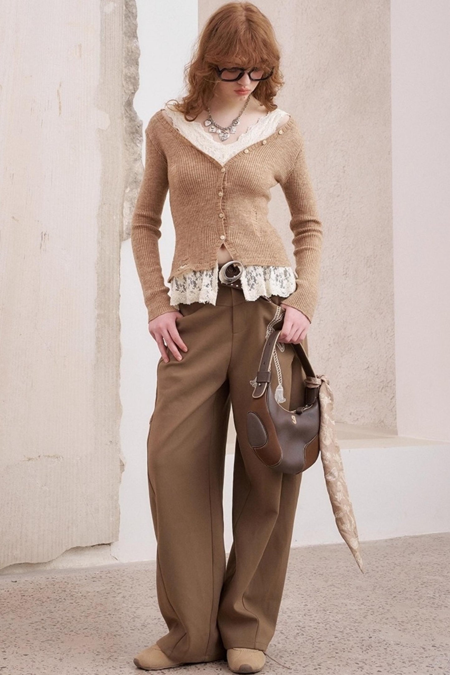 Lace Panel V-Neck Knitted Cardigan