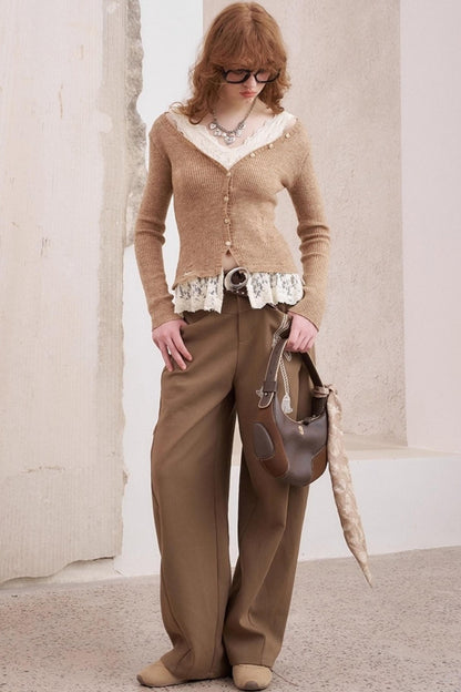 Lace Panel V-Neck Knitted Cardigan