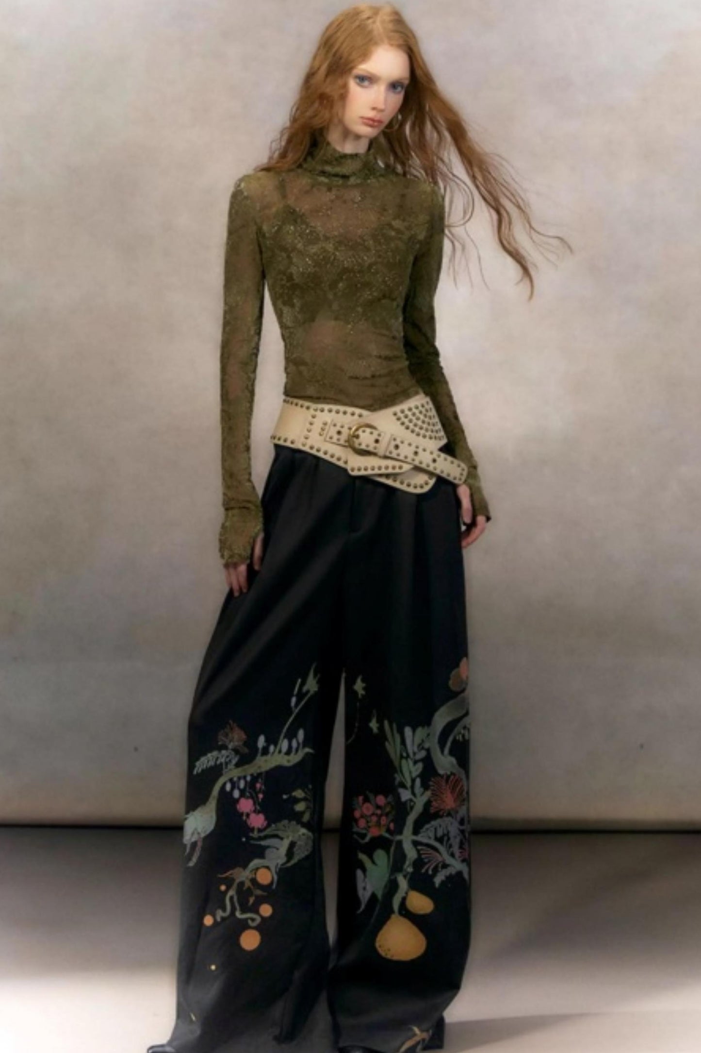 Hand-Painted Floral Wide-Leg Pants