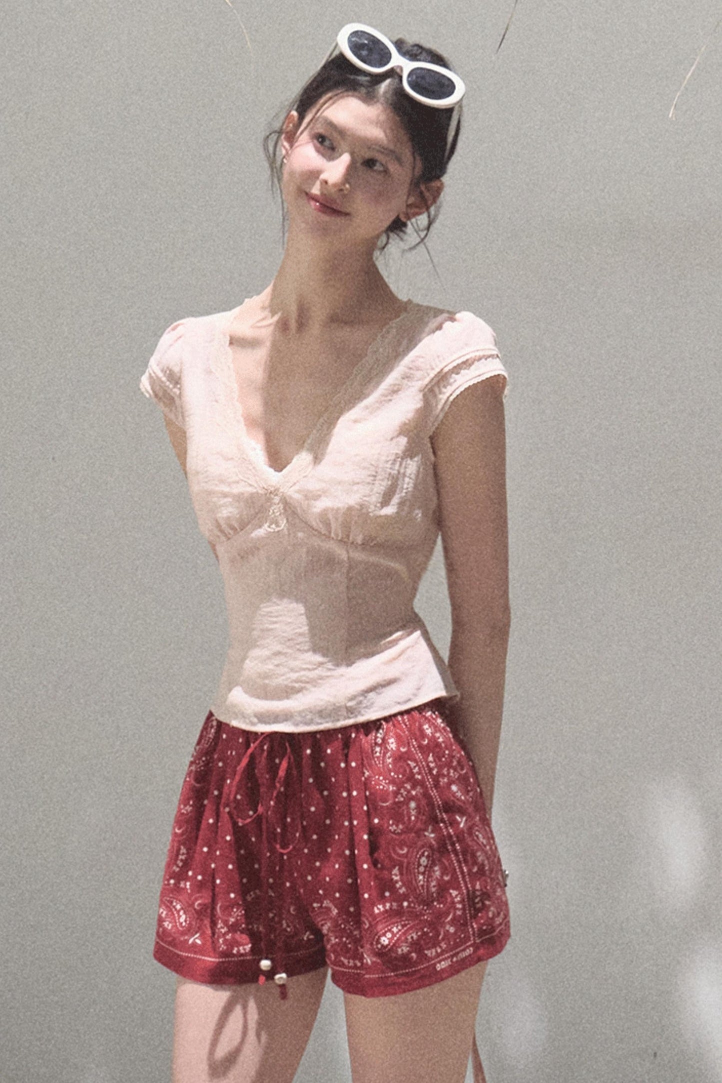 Fuzzy Lace V-Neck Tie Top