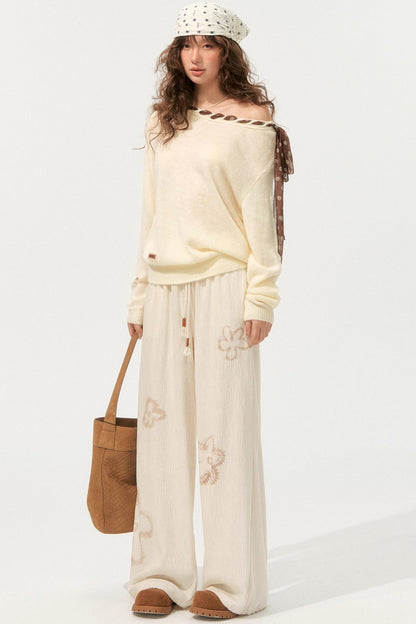 Floral Pleated Lace-Up Pants