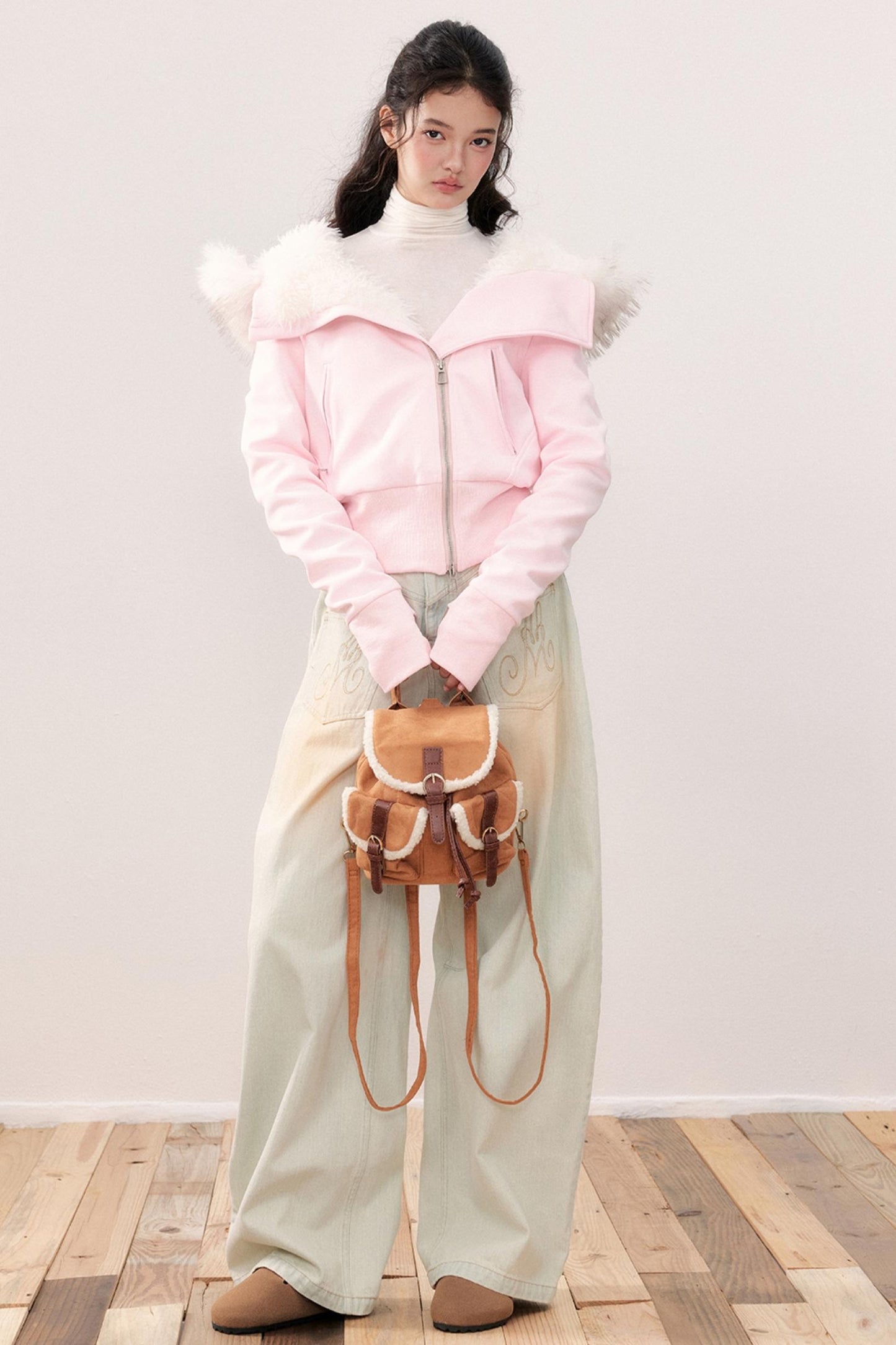 Lapel Fur Collar Fleece Jacket & Pants Set-Up