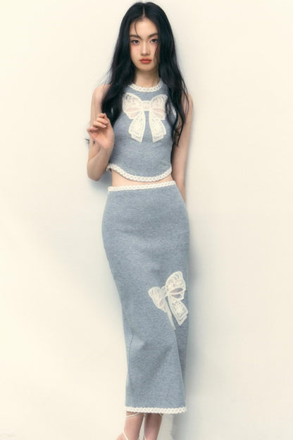 Grey Lace Vest And Skirt Set-Up