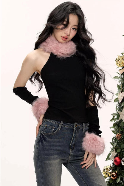 Color-Blocked Fur Collar Vest
