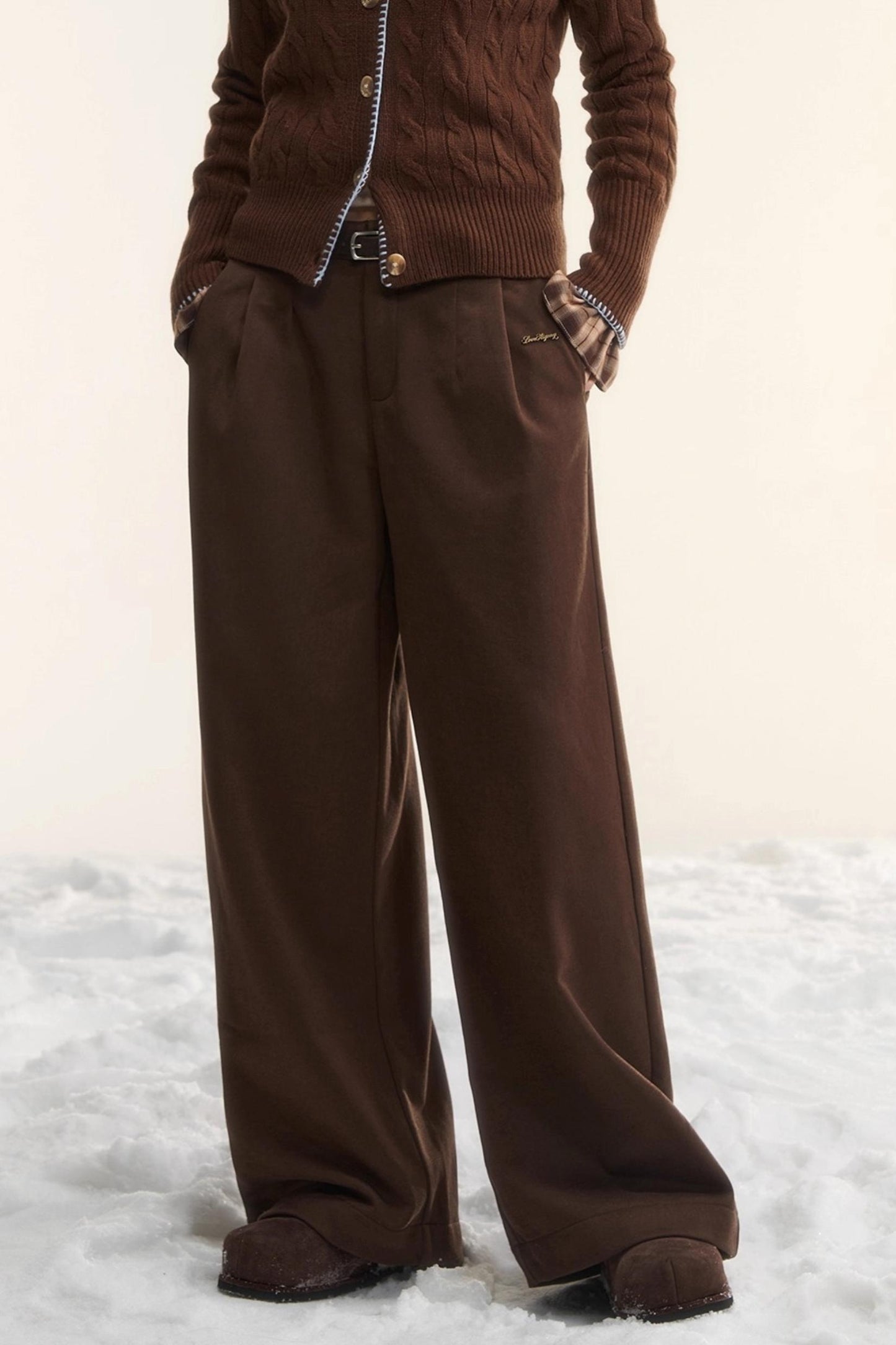 Plaid Fleece-Lined Wide-Leg Pants
