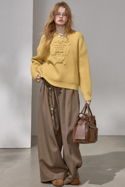 Ribbon Embroidery Crew Neck Sweater