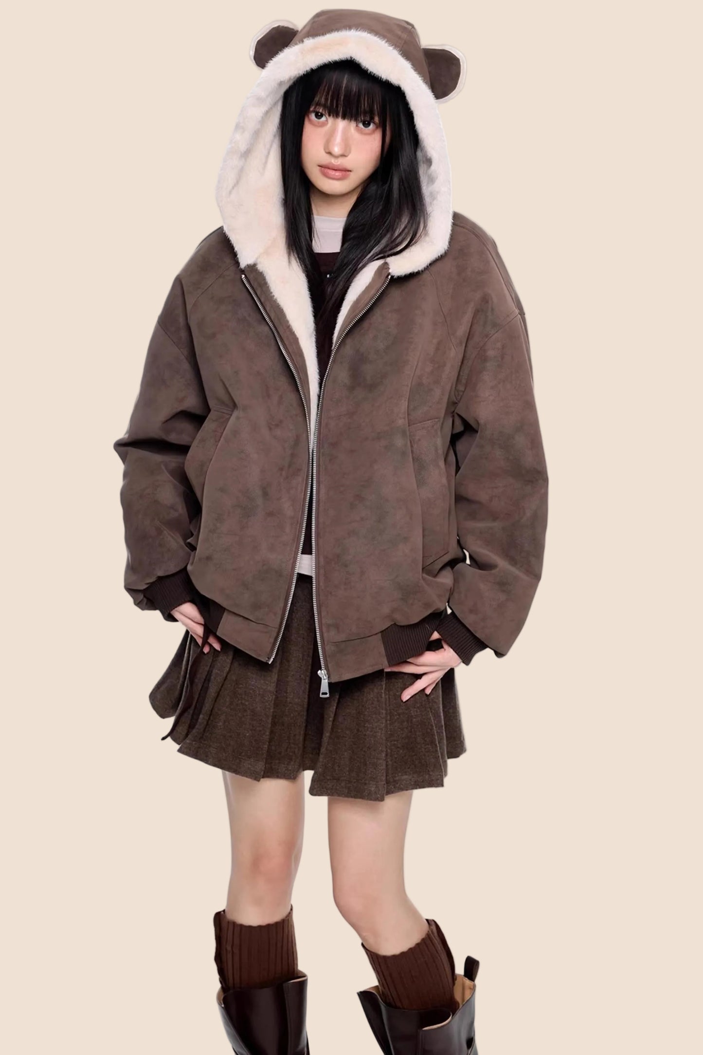 Faux Suede Hooded Fur Coat